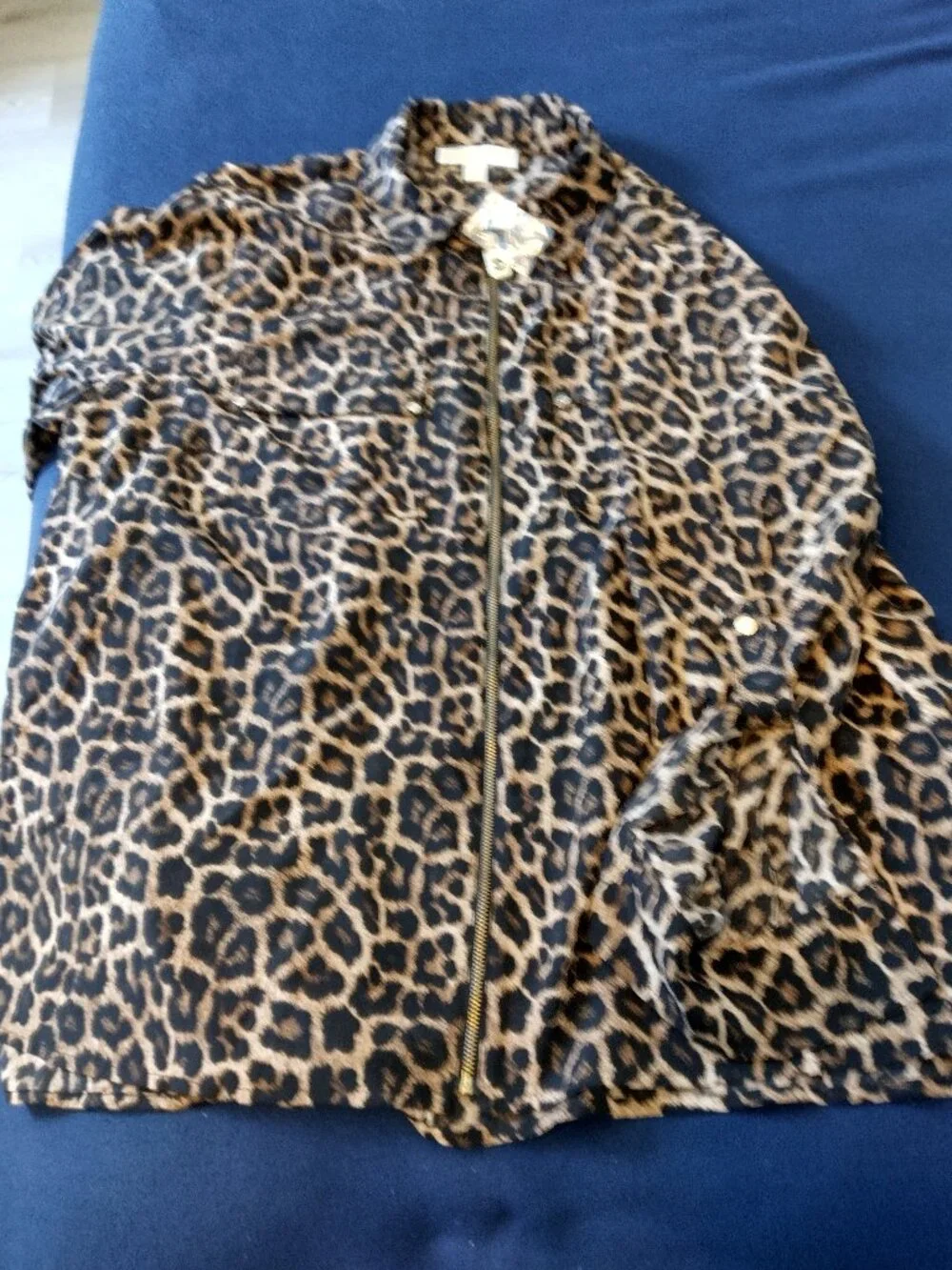 Michael Kors Full Zip Shirt Black/Brown Leopard Roll Tab Sleeves 2X